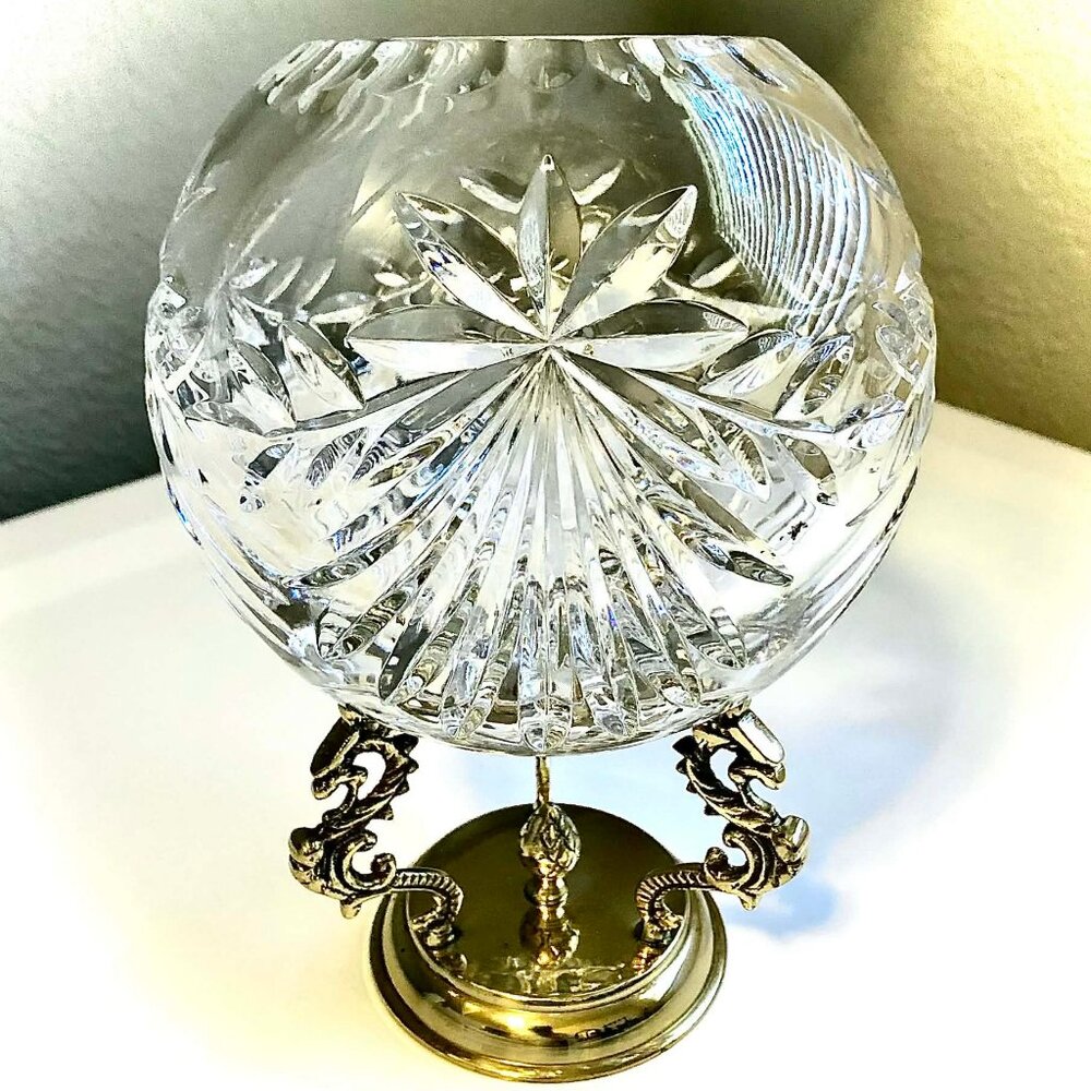 2 pc Crystal Clear Industries Atrium Hand Cut Crystal 6" Rose Bowl & Brass Stand